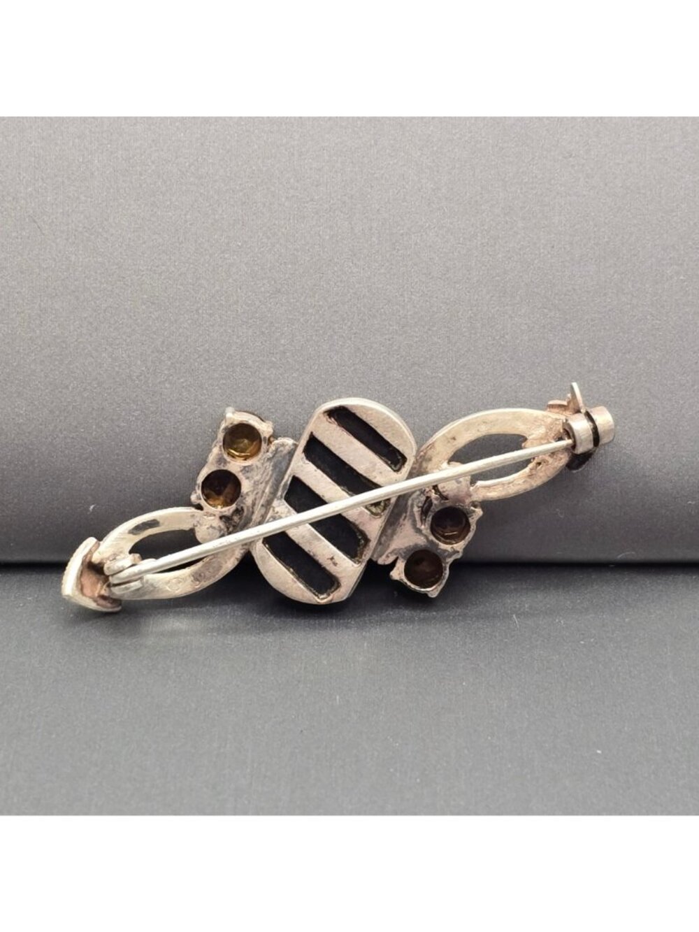 Vintage Art Deco Sterling Silver Onyx Ametrine Citrine Marcasite Brooch Signed - Picture 5 of 15
